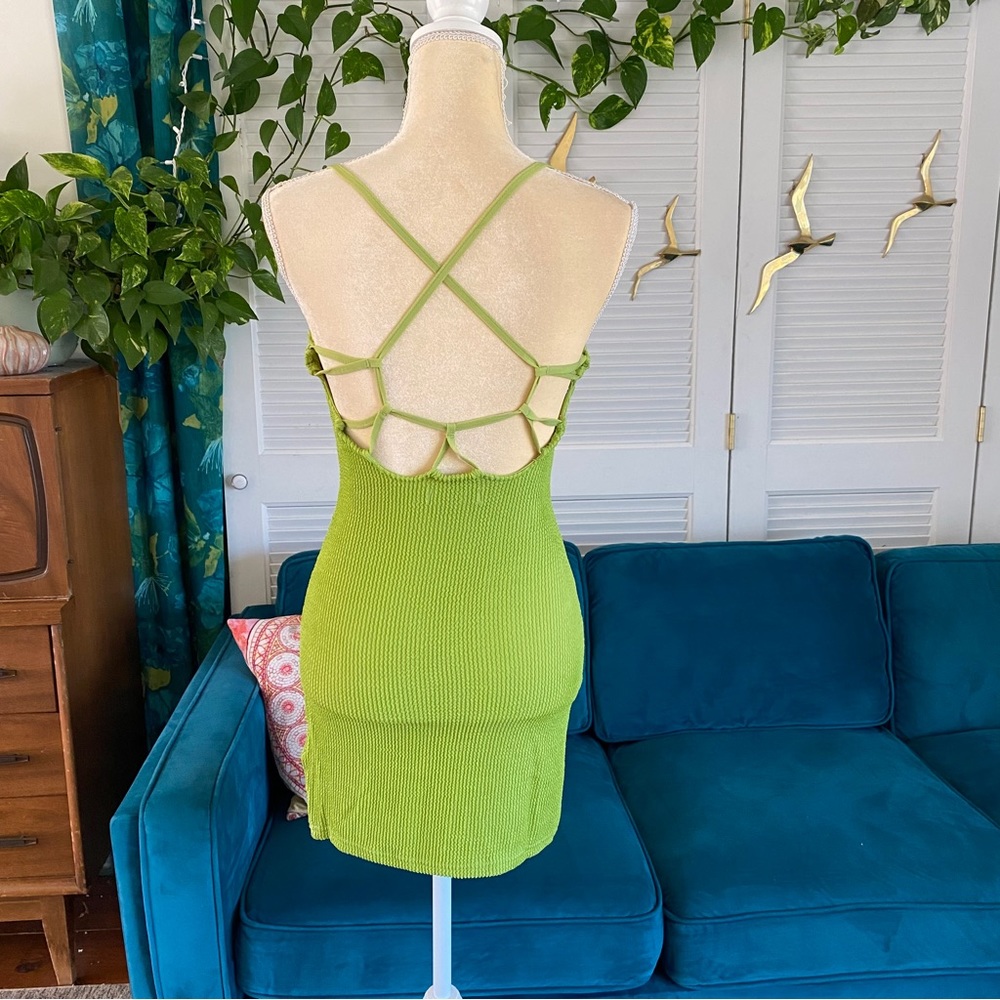 Urban Outfitters | Tyra Strappy Back Mini Dress Green Textured Rib Knit Small - Picture 10 of 16